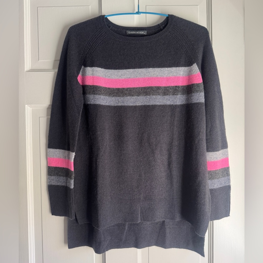 Claudia Nichole 100% Cashmere Dark Gray Sweater with Pink and Gray Stripes